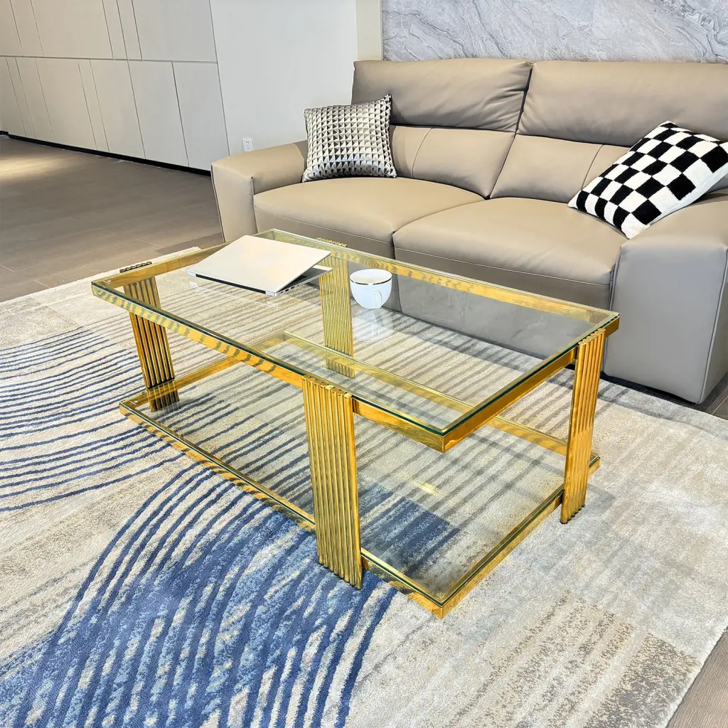 Golden Stainless Steel Double Layer Clear Tempered Glass Coffee Table t2949