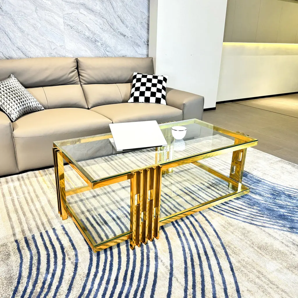 Precious Metal Stainless Alloy Coffee Table Double Layer Clear Tempered Glass t2949