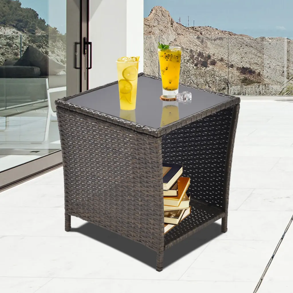 Outdoor Side Coffee Table Storage Shelf All Weather PE Rattan Patio Furniture tengxin store