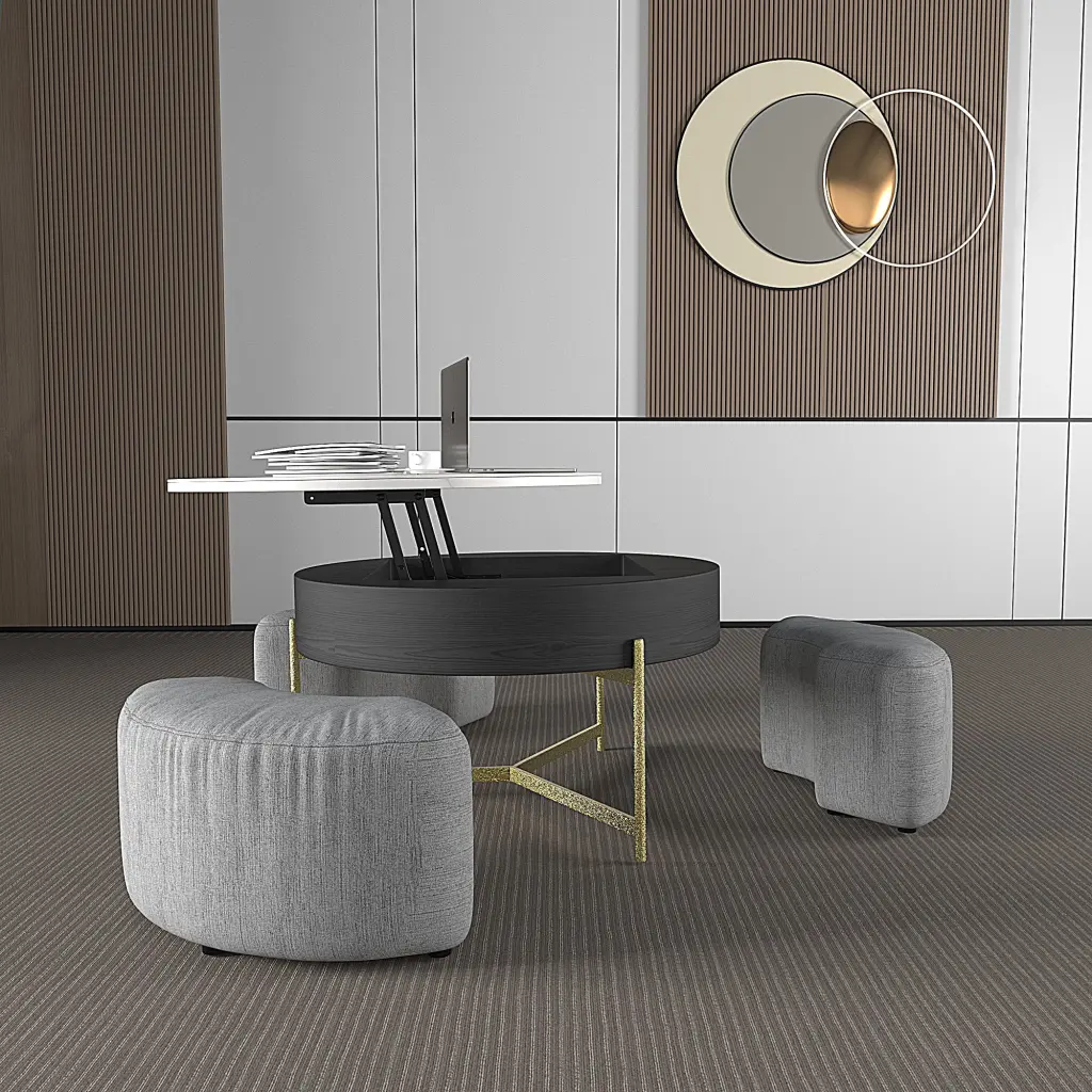 Modern Lift-Top Coffee Table 3 Stools Space-Saving Multi-Purpose White Black The Magic Home