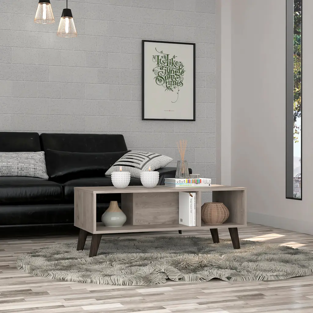 Coffee Table Plex Two Open Shelves Four Legs Light Gray Finish Living Room Table treevol furniture