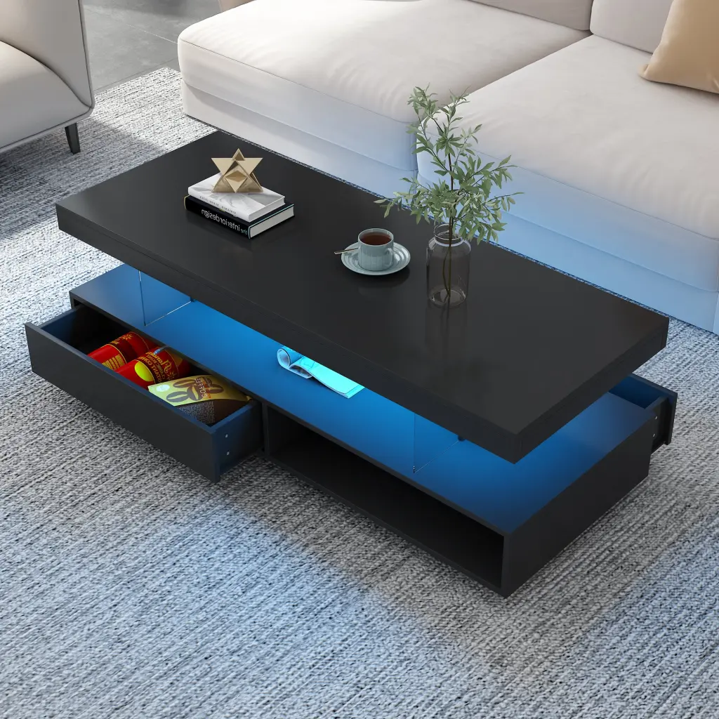 LED Coffee Table Storage Modern Center Table 2 Drawers u-can