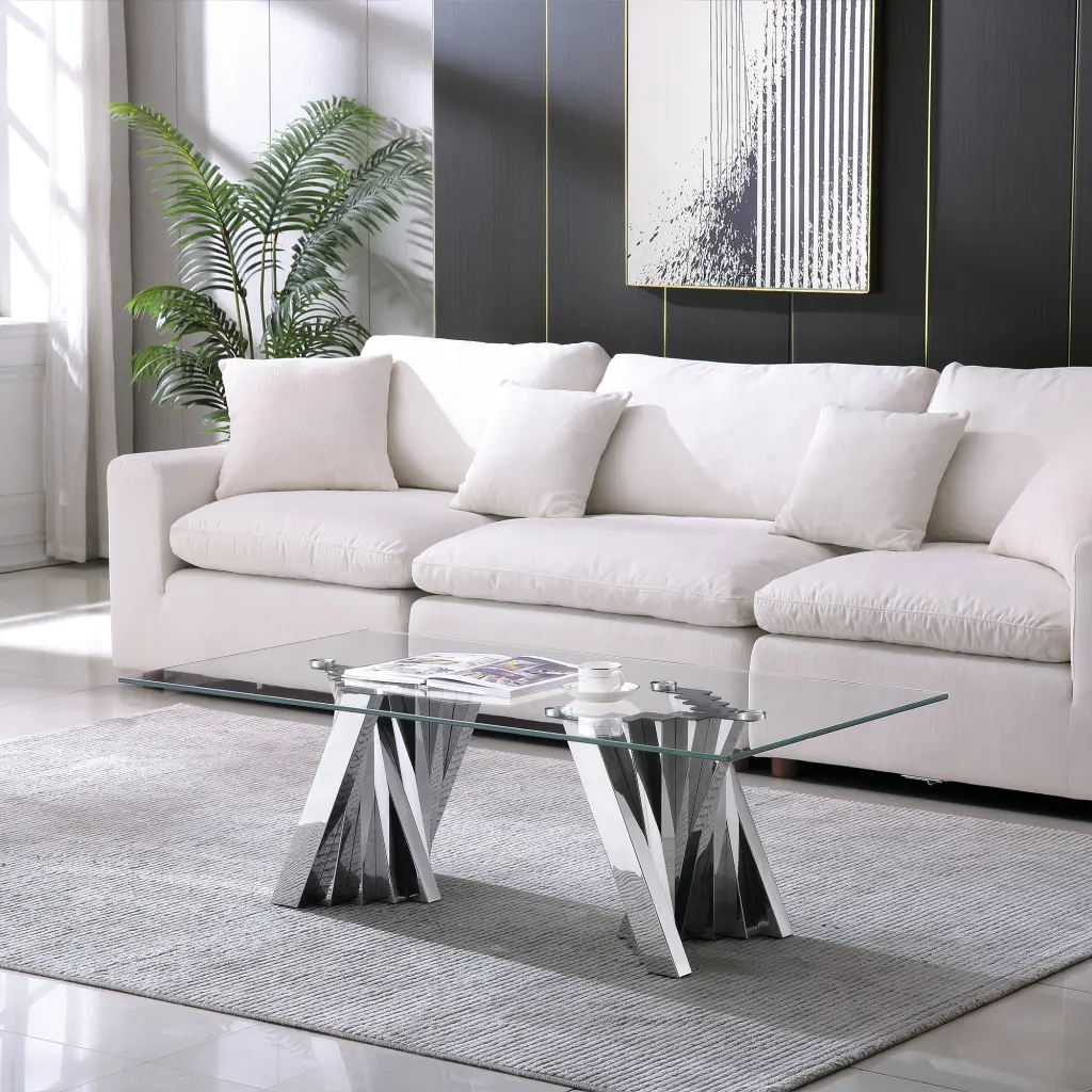 Tempered Crystal Top Coffee Table Stainless Steel Mirror Finish w1311 artisan furniture