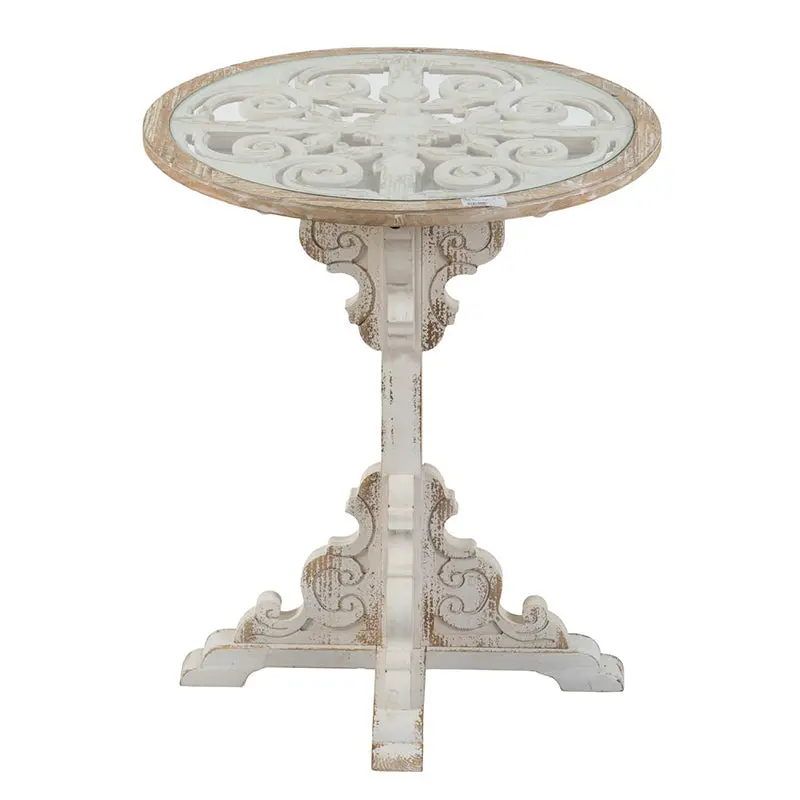 24x28.5 Inch Round Distressed White Finish Wooden Carved Table w2078