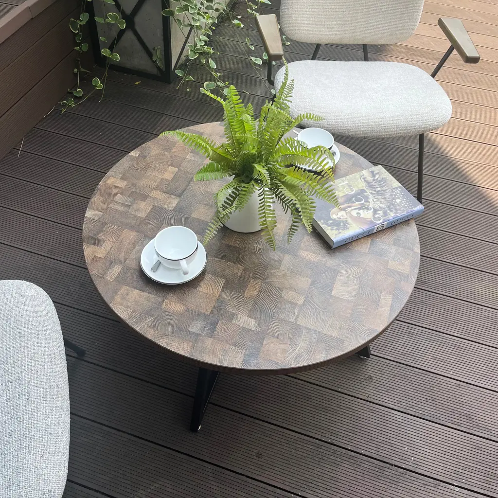 Round Coffee Table Timber Grain And Black Metallic Brown Dining Room w2221
