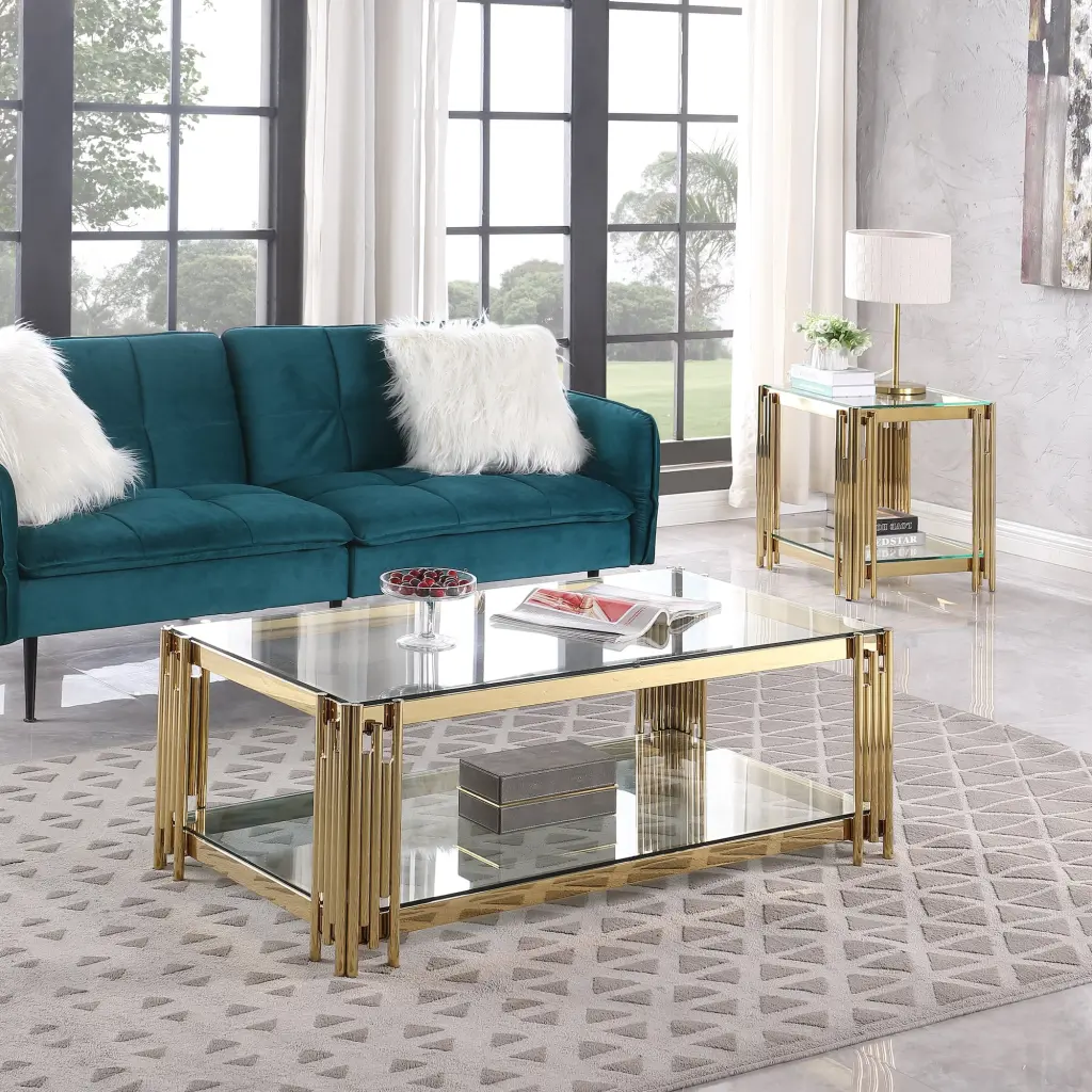 48 Inch Wide Rectangular Coffee Table Glass Top Golden Stainless Steel woker furniture