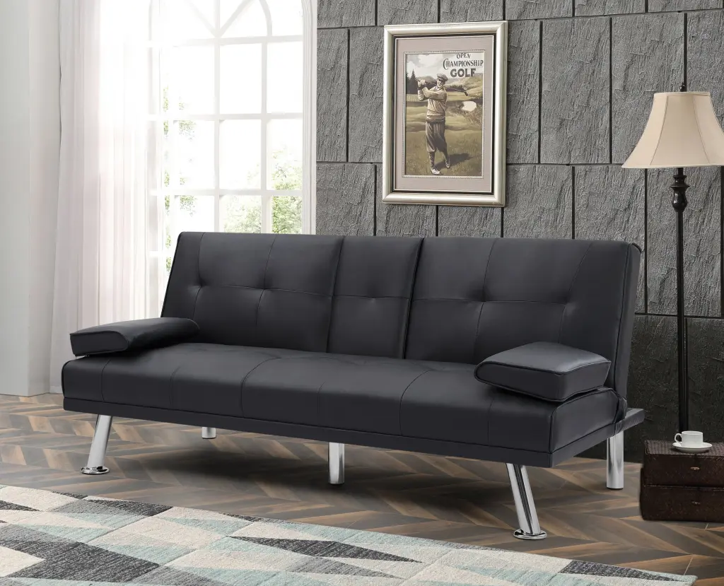 Black Collapsible Sofa Bed Cup Holder Faux Leather aihua