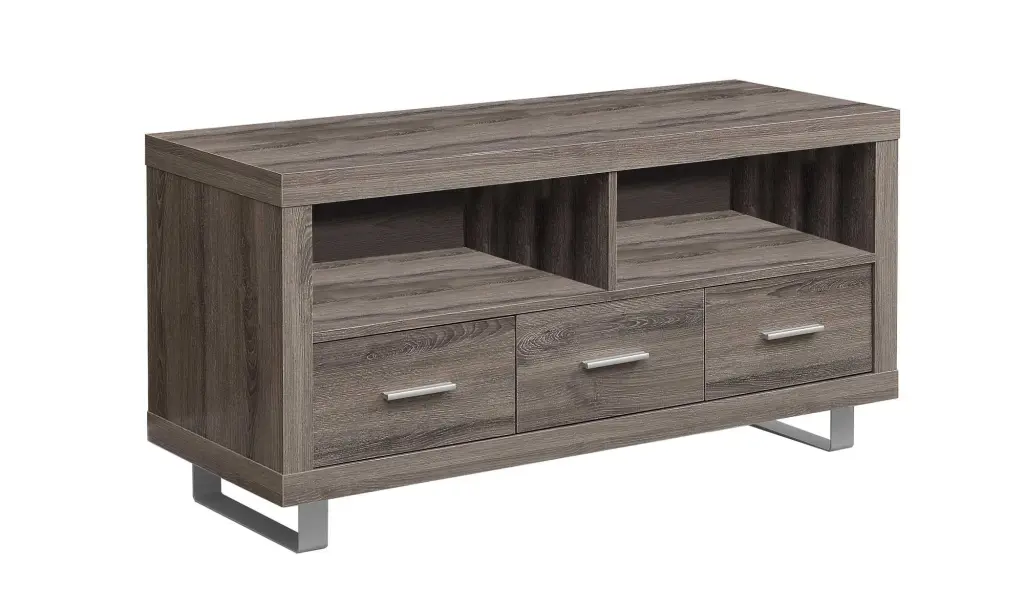 HomeRoots 23.75 Inch Dark Taupe Particle Board Silver Metal TV Stand 3 Drawers