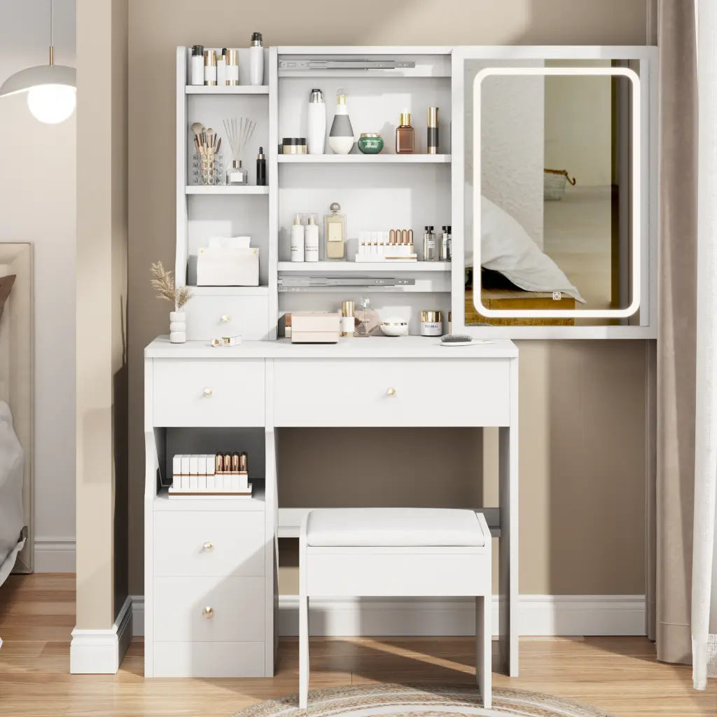 Small Space Left Drawer Desktop Vanity Table Cushioned Stool Extra Large Mirror crazy elf