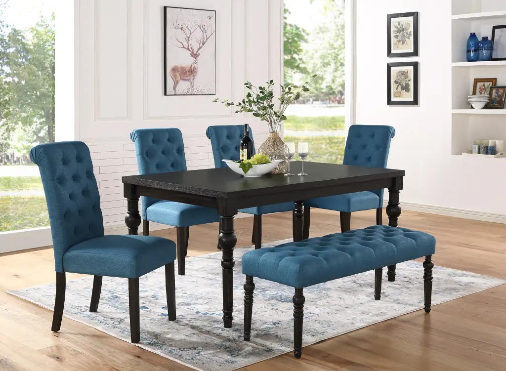 Leviton Urban Style Dark Wash Timber Dining Set Table 4 Chairs and Bench hz
