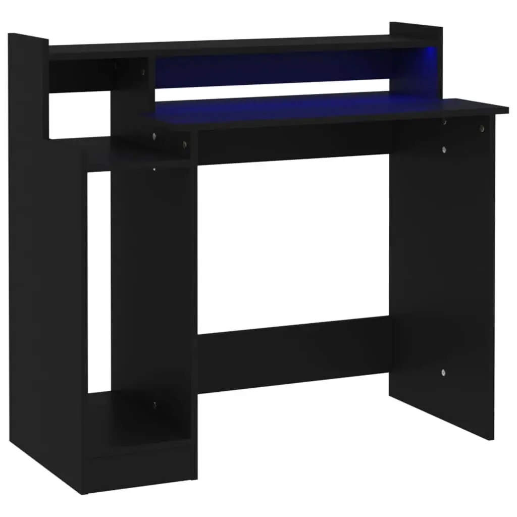 Black LED Light Desk 38.2x17.7x35.4 Inches Engineered Wood Modern Study Table
