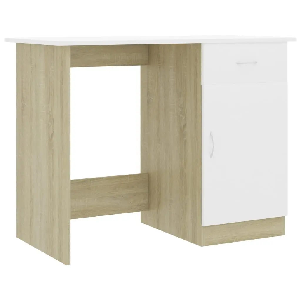 Desk White and Sonoma Oak 39.4x19.7x29.9 Inches Engineered Wood Workstation