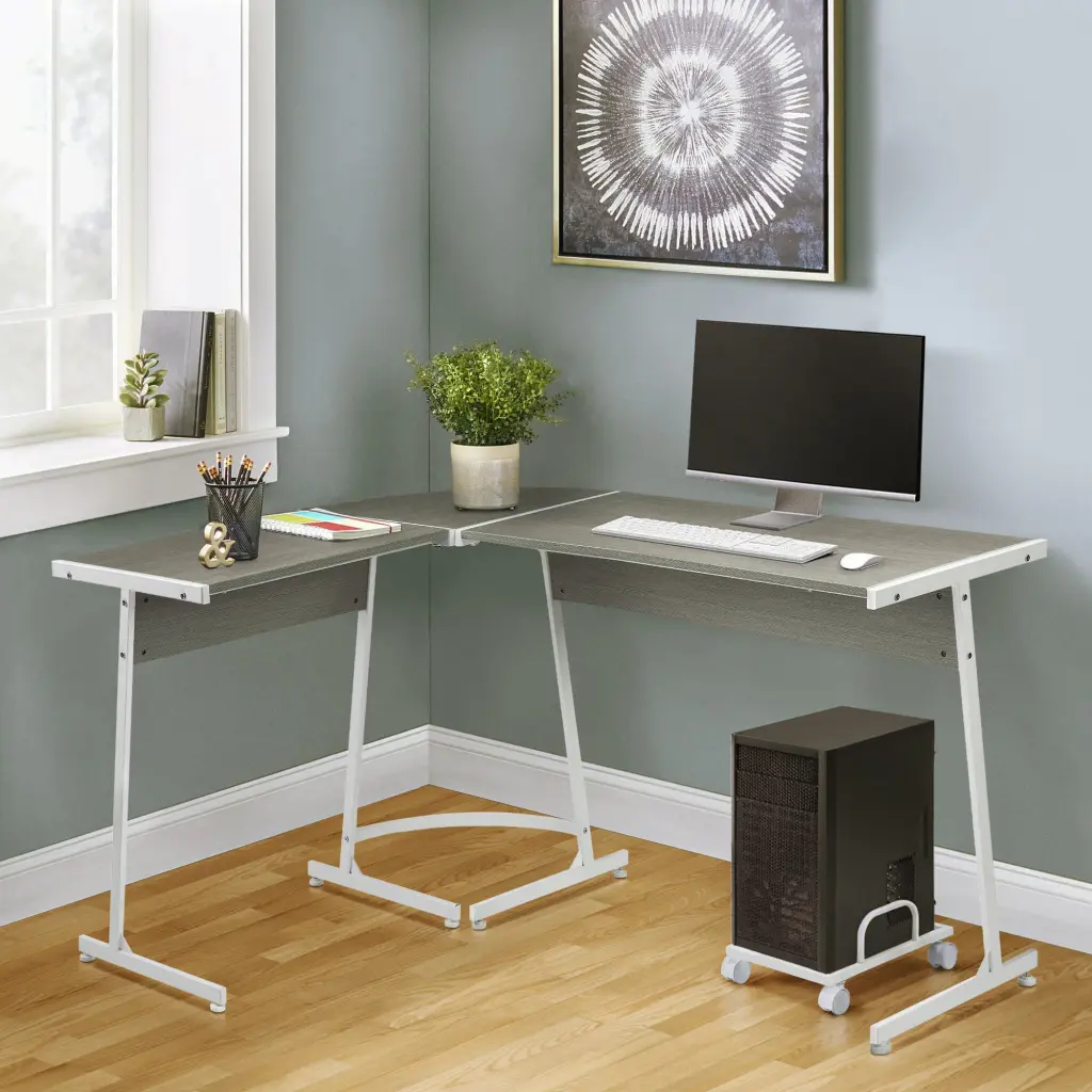 Grey and White L Shape Computer Desk Writing and Stationery furniture max