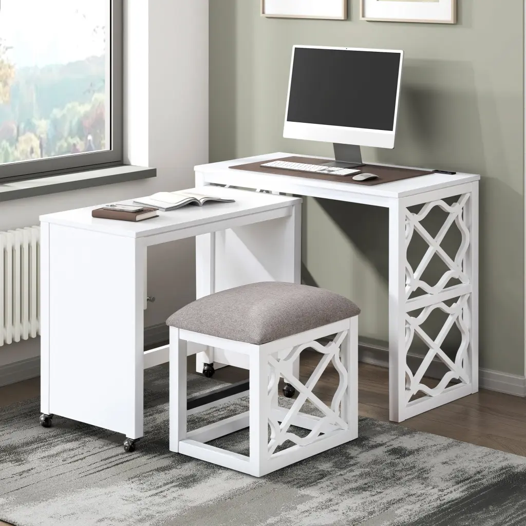 Desks And Stool Set 3Pc White Finish Rolling Desk Casters 2 Chairs kanepe