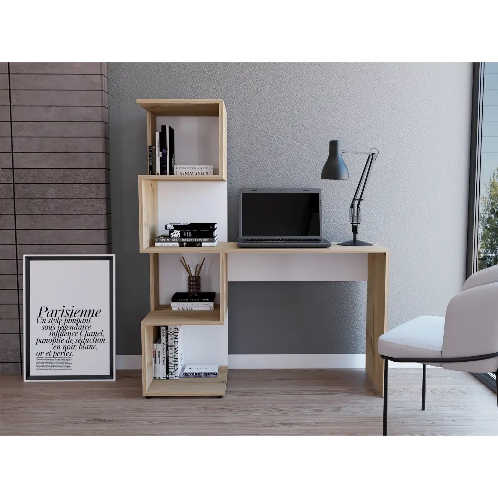 Delhi Desk Bookcase And 4 Storage Shelves Light Oak White Multi Functional Study Desk rta mubles colombia