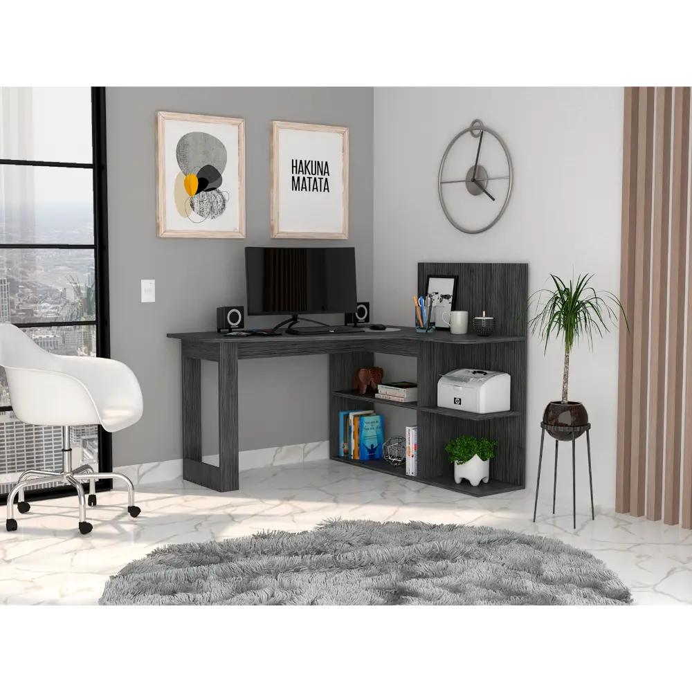 Masai Writing Computer Desk Five Open Shelves Smokey Oak Gray rta mubles colombia