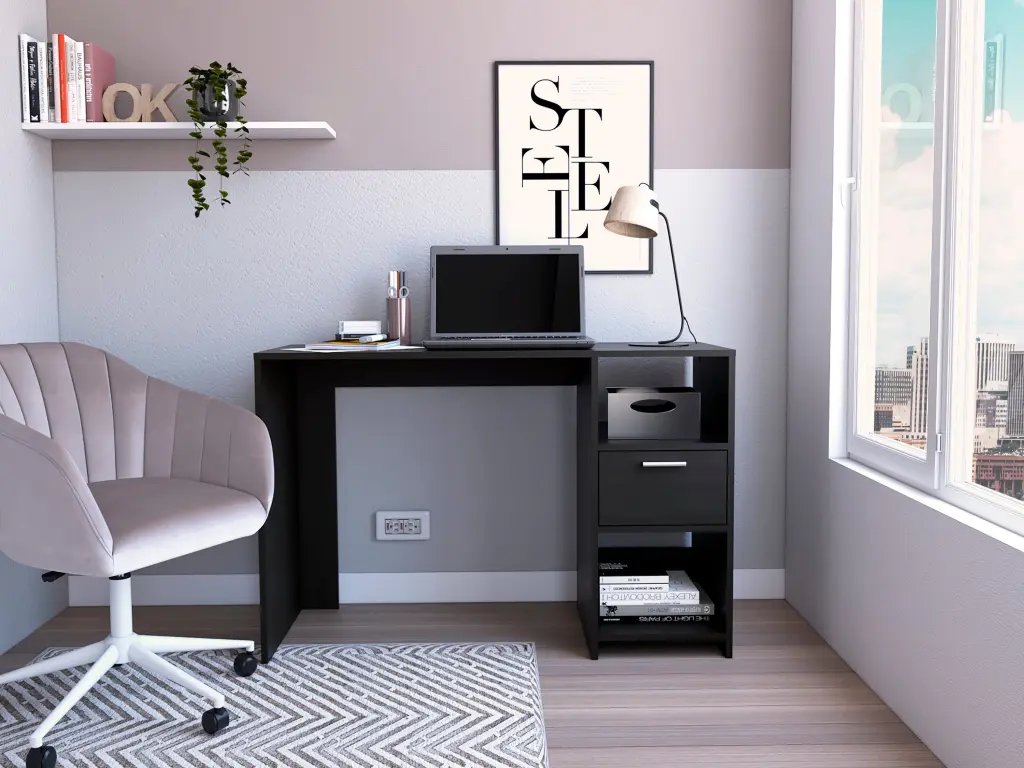 Naxos Black Computer Desk 1 Drawer and 2 Open Storage Shelves rta muebles colombia