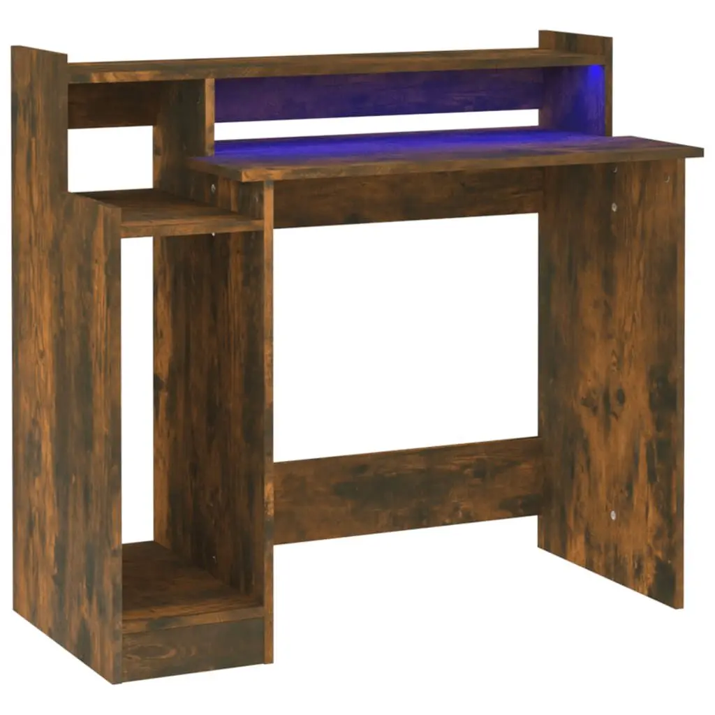 Smoked Oak Desk LED Lights 38.2x17.7x35.4 Inches Engineered Wood