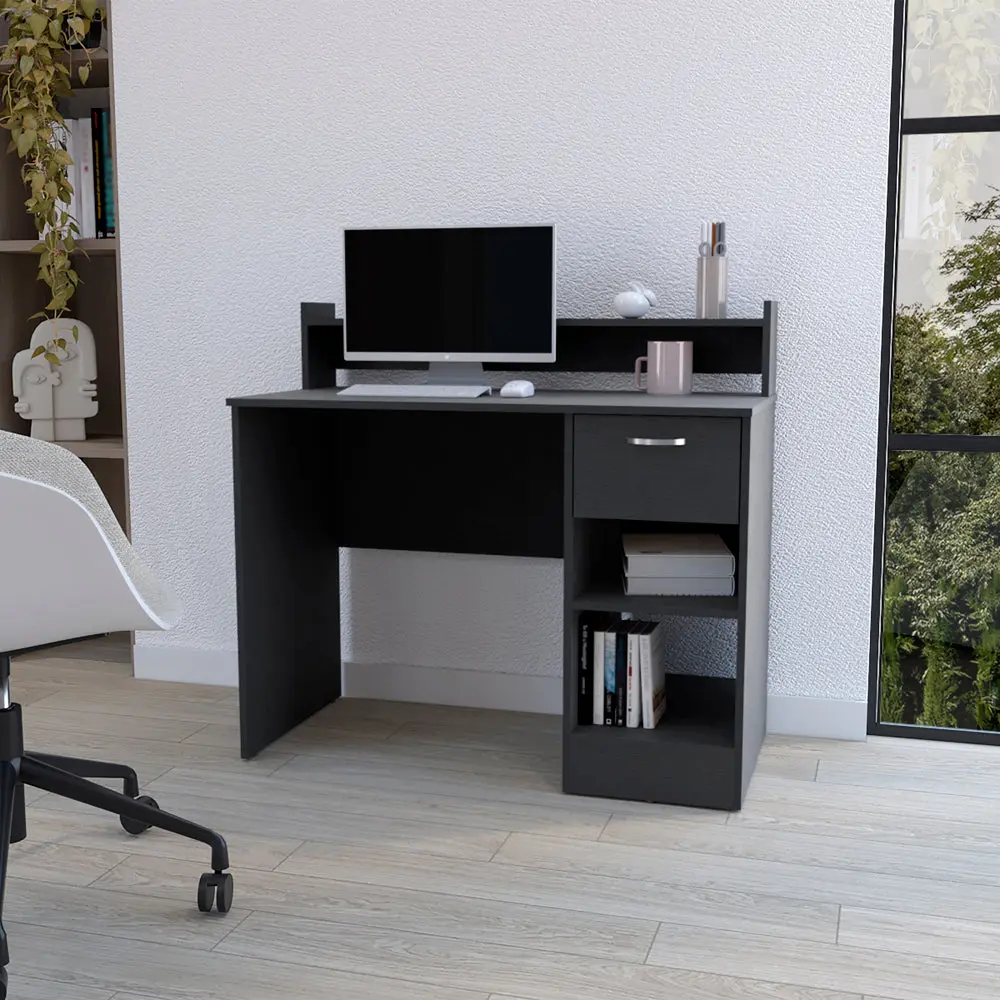 Delmar Computer Desk Open Storage Shelves And Single Drawer Black Study Desk treevol furniture