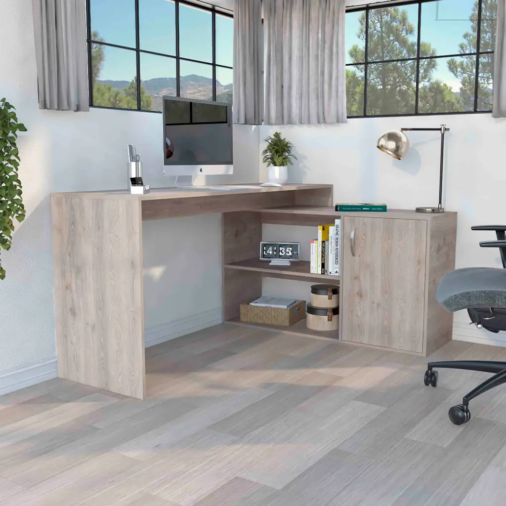 Axis Modern L Influenced Computer Desk Open and Closed Storage Light Gray tuhome