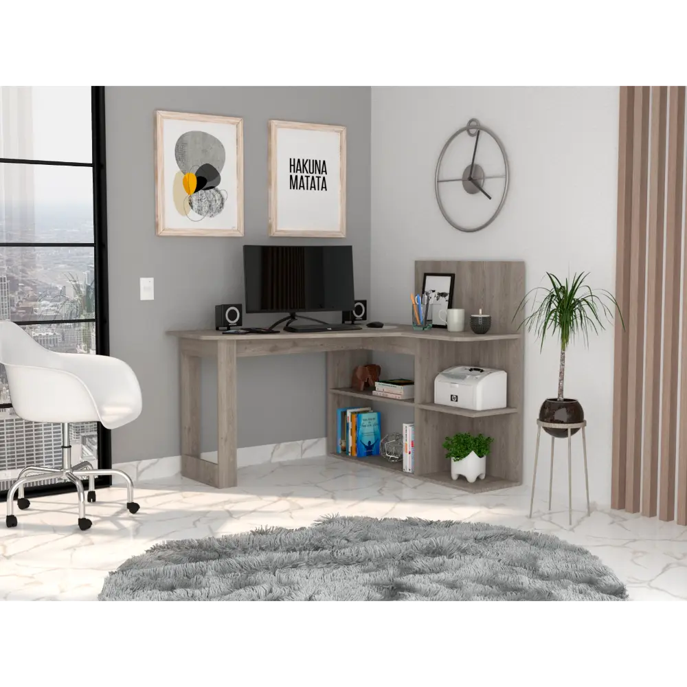 Masai Writing Computer Desk Five Open Shelves Light Gray Home Office Desk tuhome