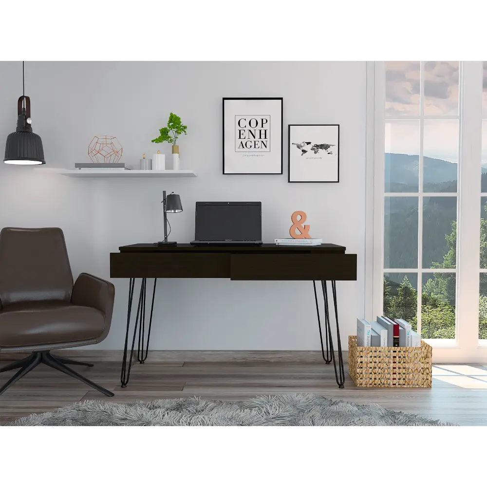 Mumbai Black Computer Desk 2 Drawers and Hairpin Legs Modern Design tuhome