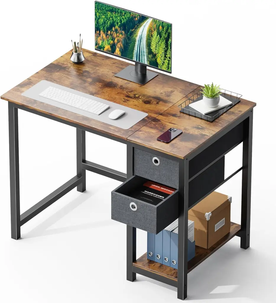 40 Inch Computer Desk Drawers - Office Writing Desk 2 Tier Shelves Kids Study w1134dhs