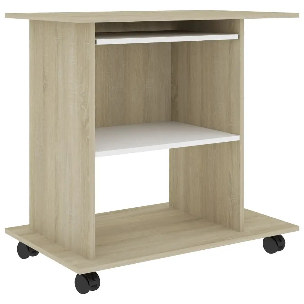 White and Sonoma Oak Computer Desk 31.5x19.7x29.5 Inches Engineered Wood Home Office Desk
