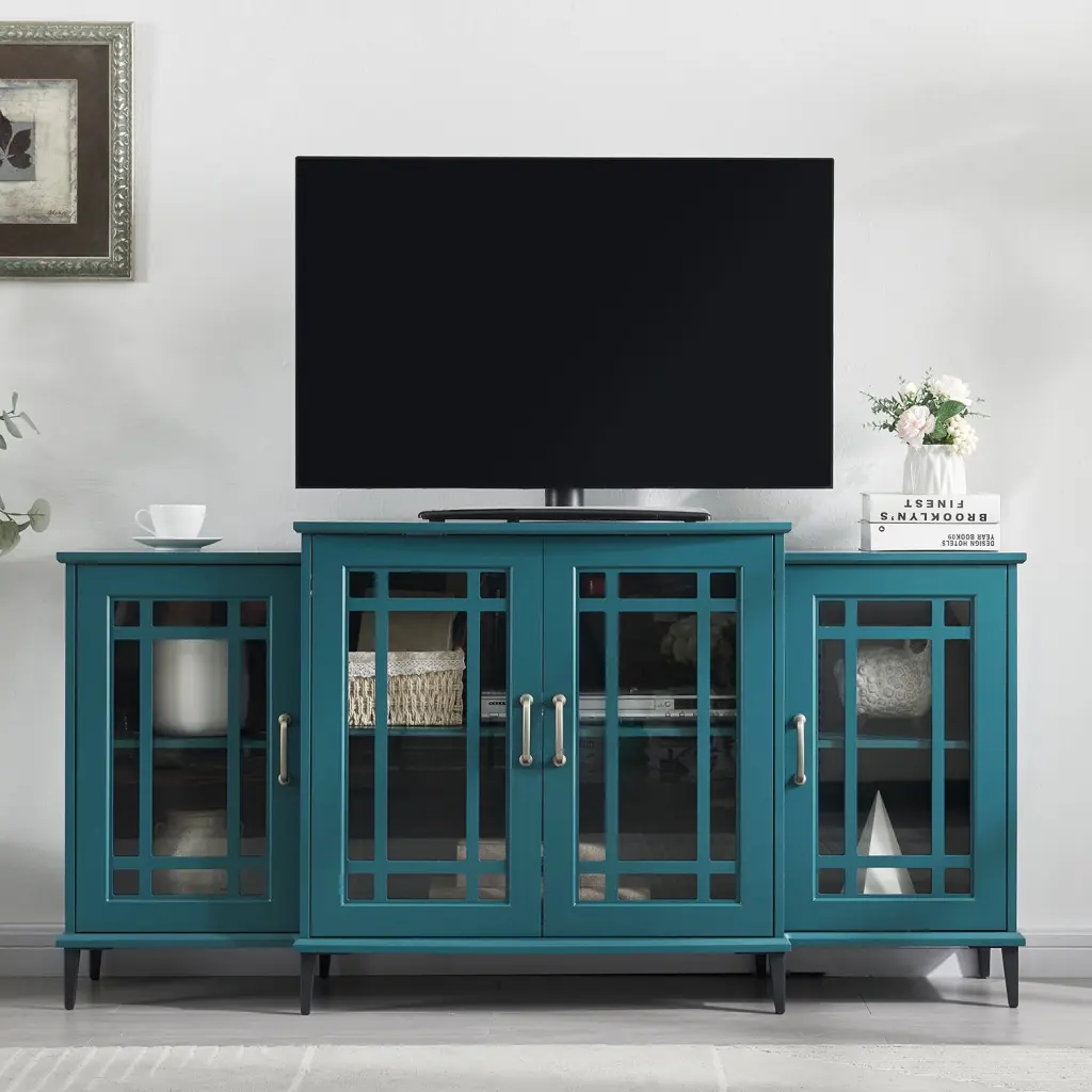 62 Inch Teal Blue TV Stand Buffet Sideboard Cabinet Glass Doors and Adjustable Shelves QOOQI