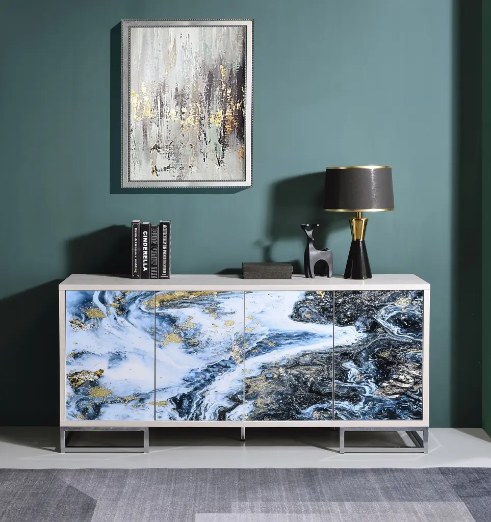 Liam Console Cabinet Blue Stone Paint Chrome Finish Ac02345 Blue M acme onsite store