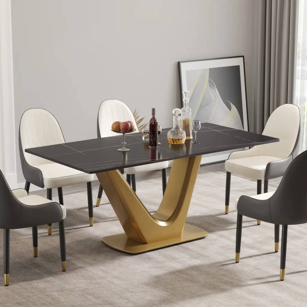 70.84'' Modern Artificial Marble Black Panel Precious Metal V Shaped Legs atunus