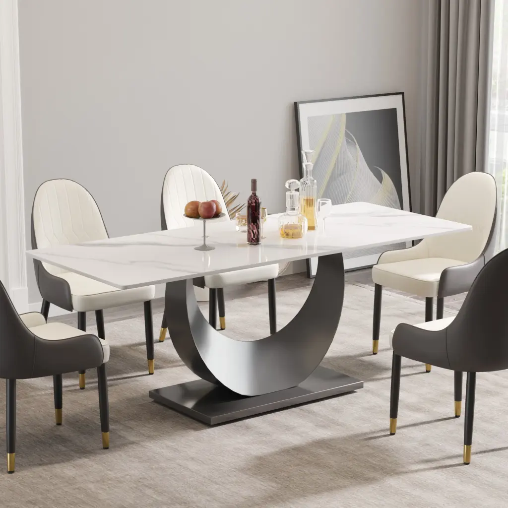 78.74 Inch Modern Artificial Stone White Crescent Table Black Metal Legs atunus