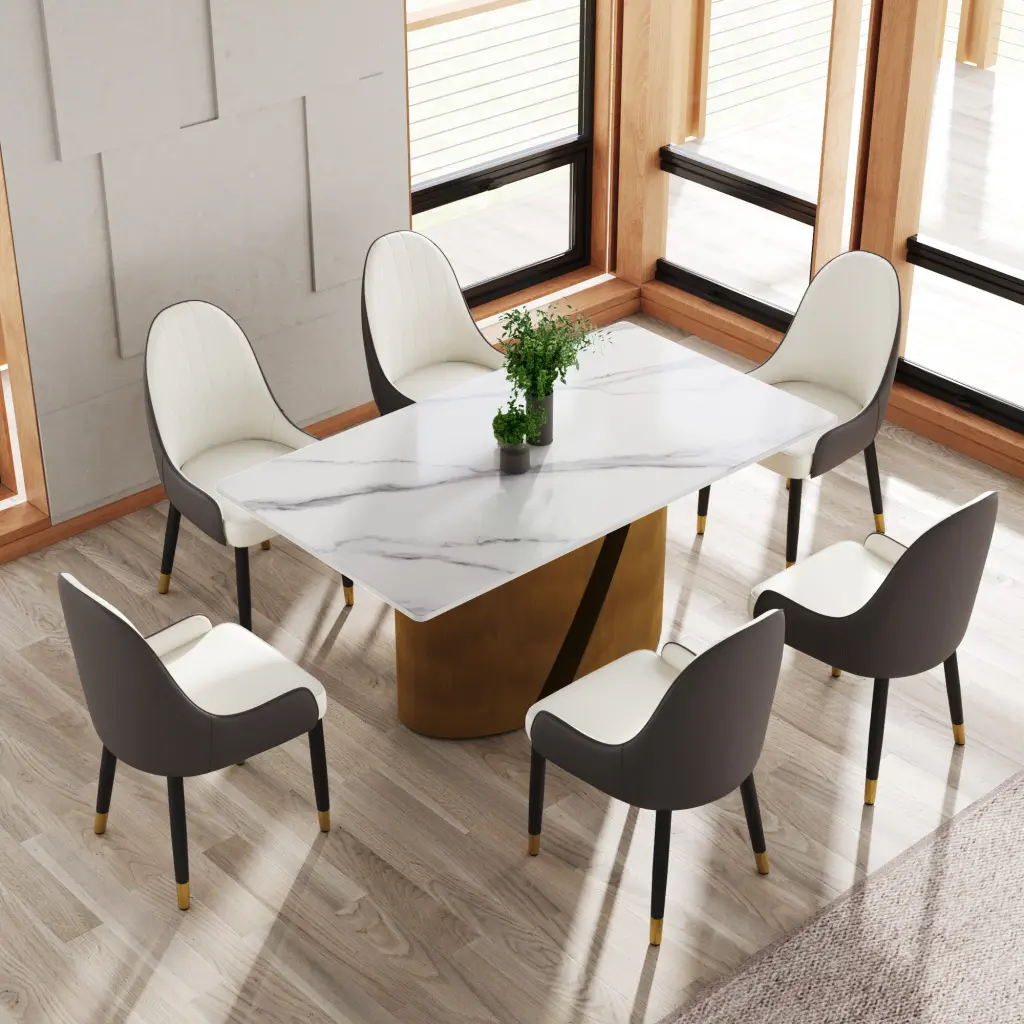 63 Inch Modern Artificial Marble White Panel Table Metal Legs atunus