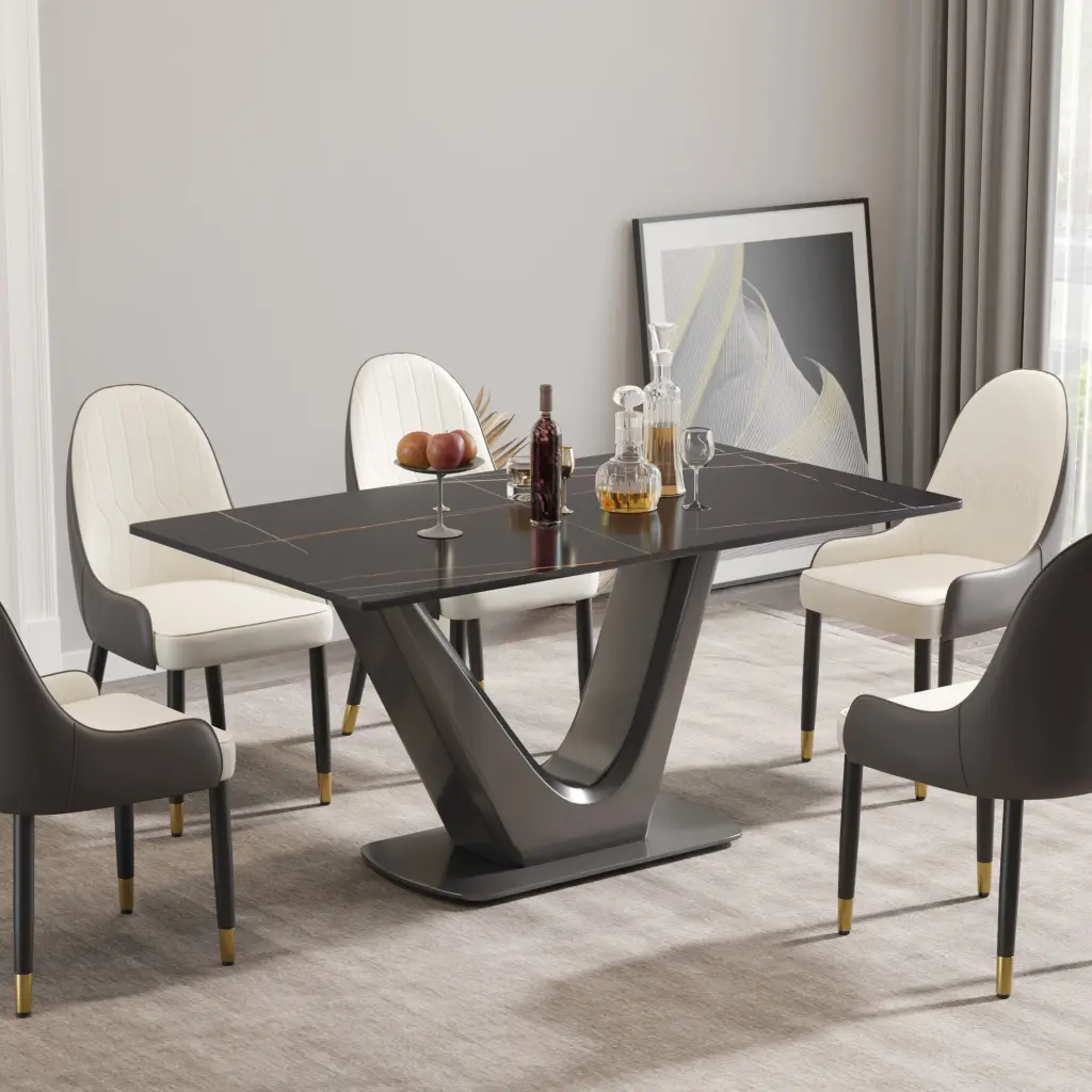 63 Inch Modern Artificial Stone Black Panel Gray V Influenced Metal Legs Console Table atunus