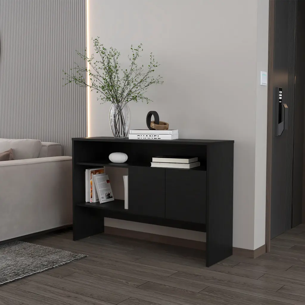 Bylas Console Table Melamine Two Doors Open Storage Black fm furniture