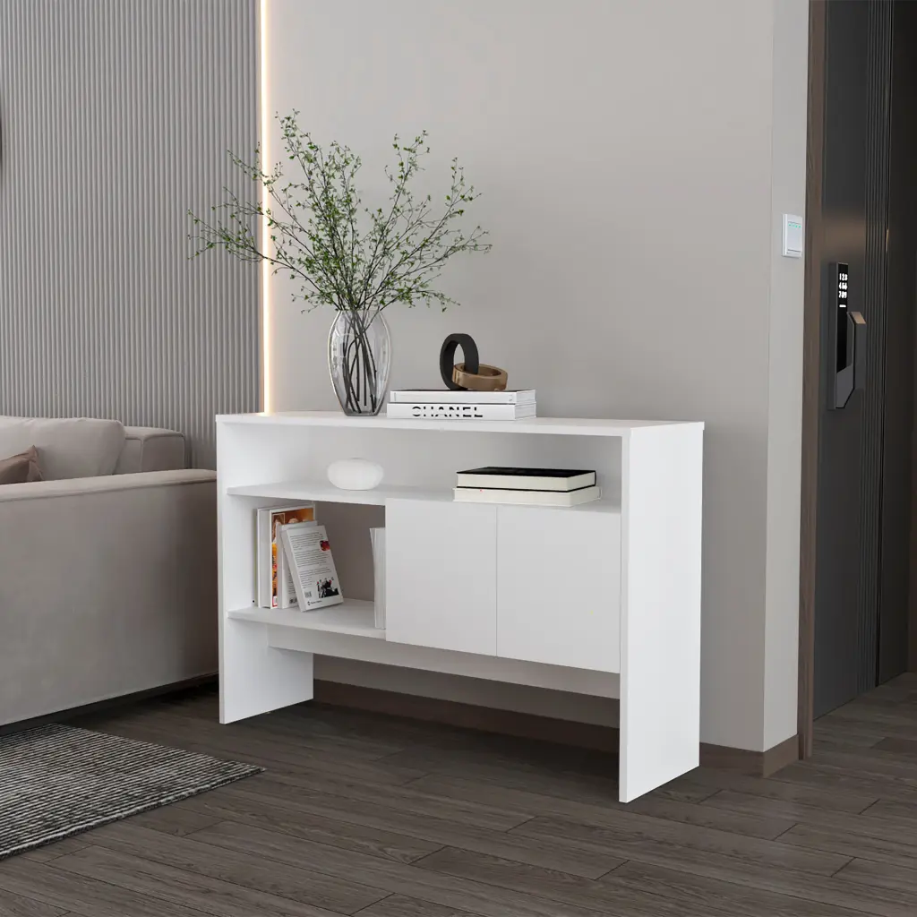 Bylas Console Table Melamine Two Doors and Open Storage White Finish fm furniture