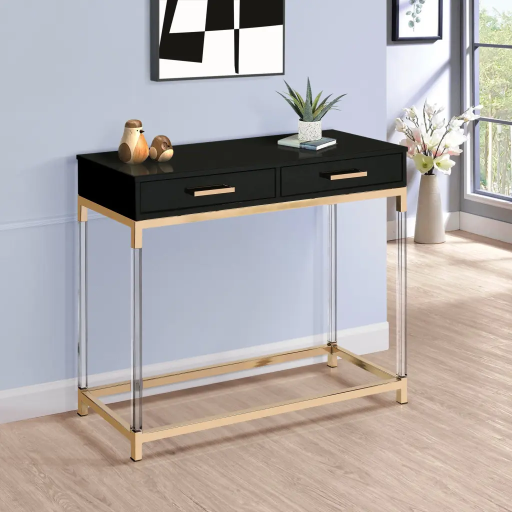 Black High Gloss Gold Console Table 2 Drawers Modern Design furniture max