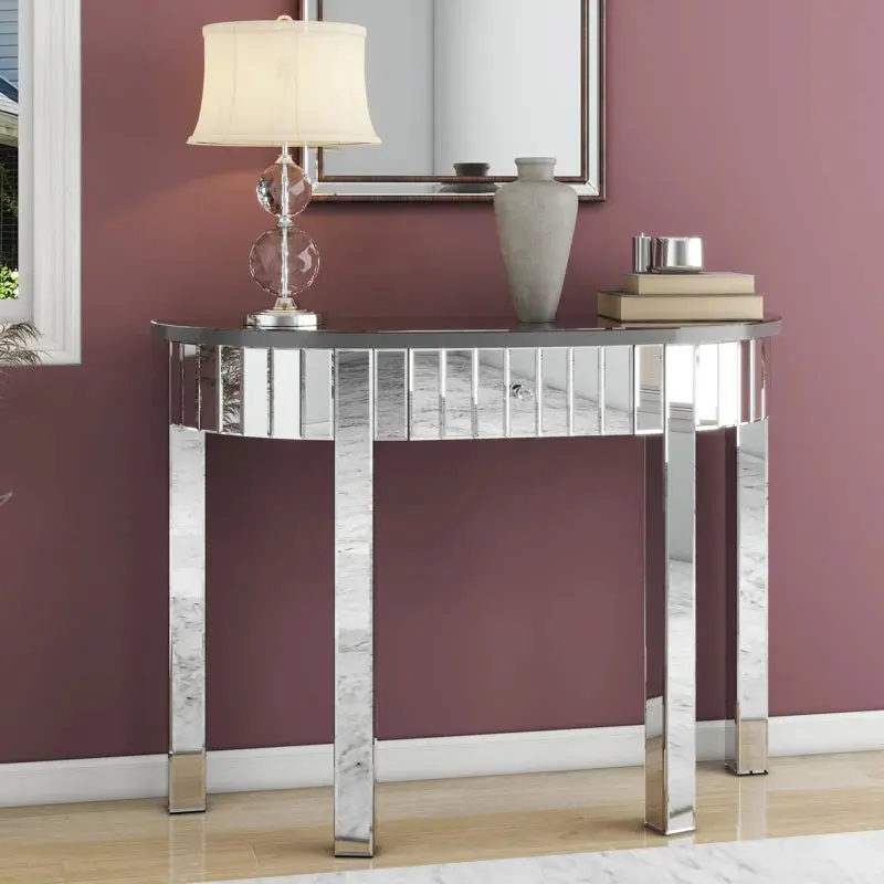 Mirrored Half Moon Console Table HD Crystal and 1 Drawer Entryway glam furniture