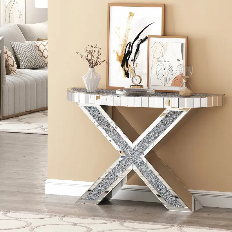 Modern Tall Console Table Mirrored Finish Crushed Crystal Decor glam furniture