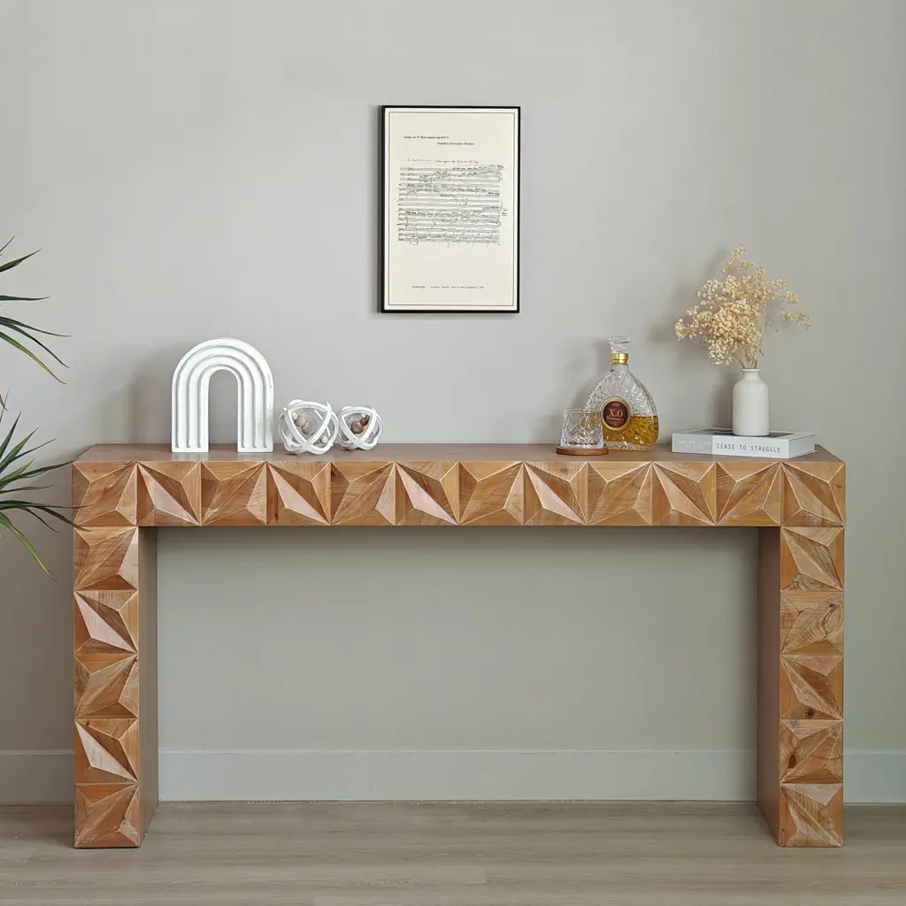 Modern Geometric Wooden Console Table Dark Brown Finish Handcrafted Design grandboard home