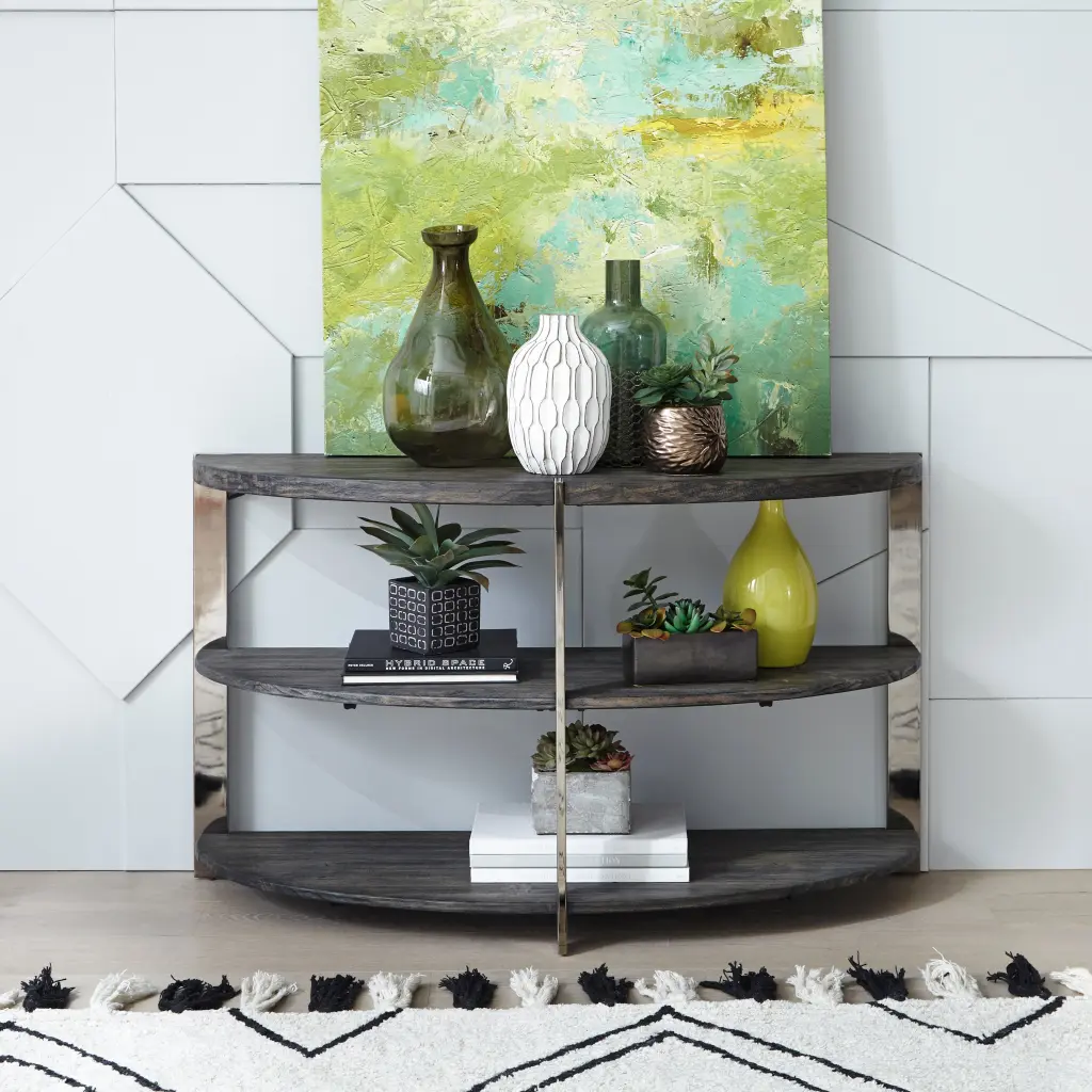 Kalne Console Table Half Moon Influence 2 Open Shelves Charcoal Grey hz