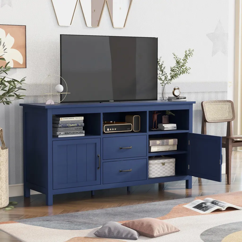 Navy Blue Tall TV Console 2 Doors and 2 Drawers Storage Cabinet JIAING