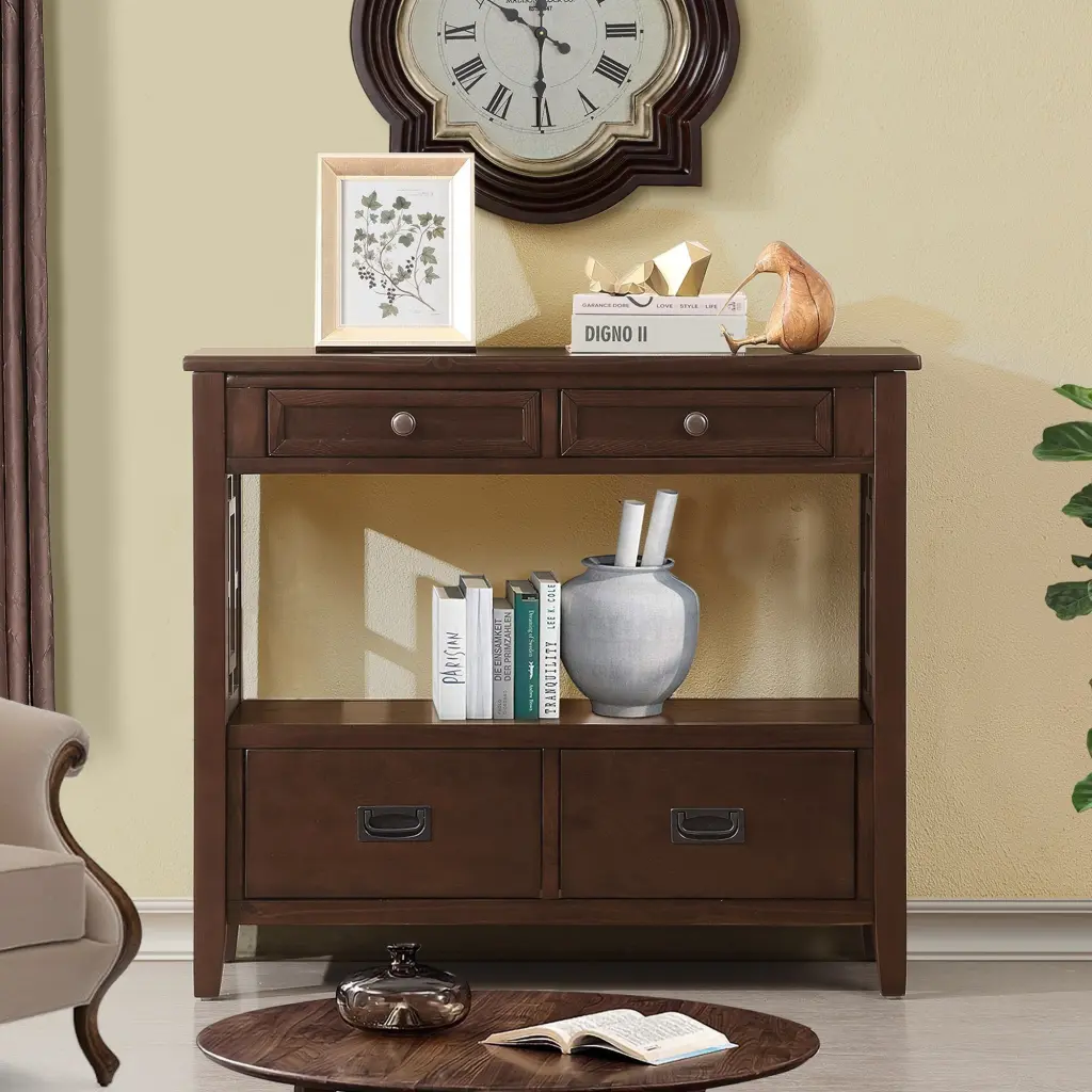36 Inch Farmhouse Pine Timber Console Table Entry Sofa Table 4 Drawers power growth furniture