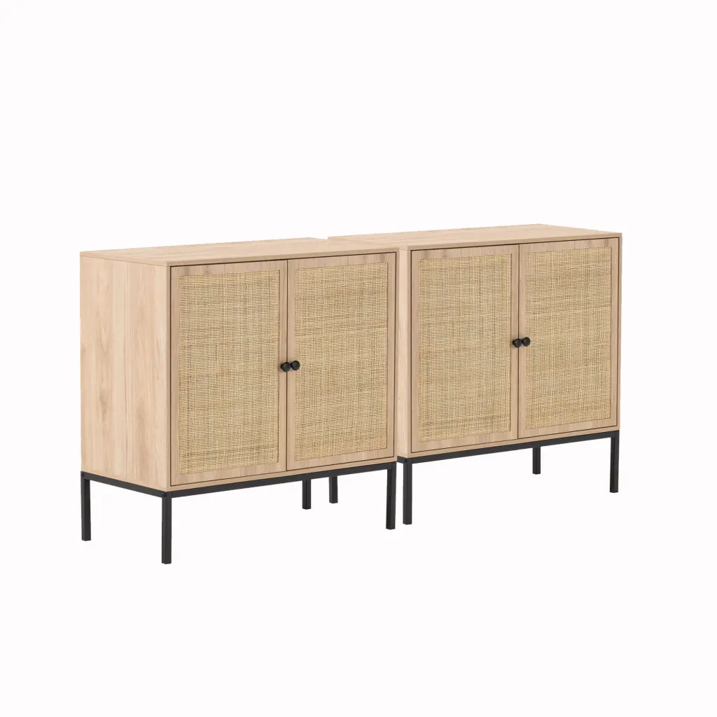 Set 2 Rolland Console Table Side Table Rattan Door Beige MDF qhome