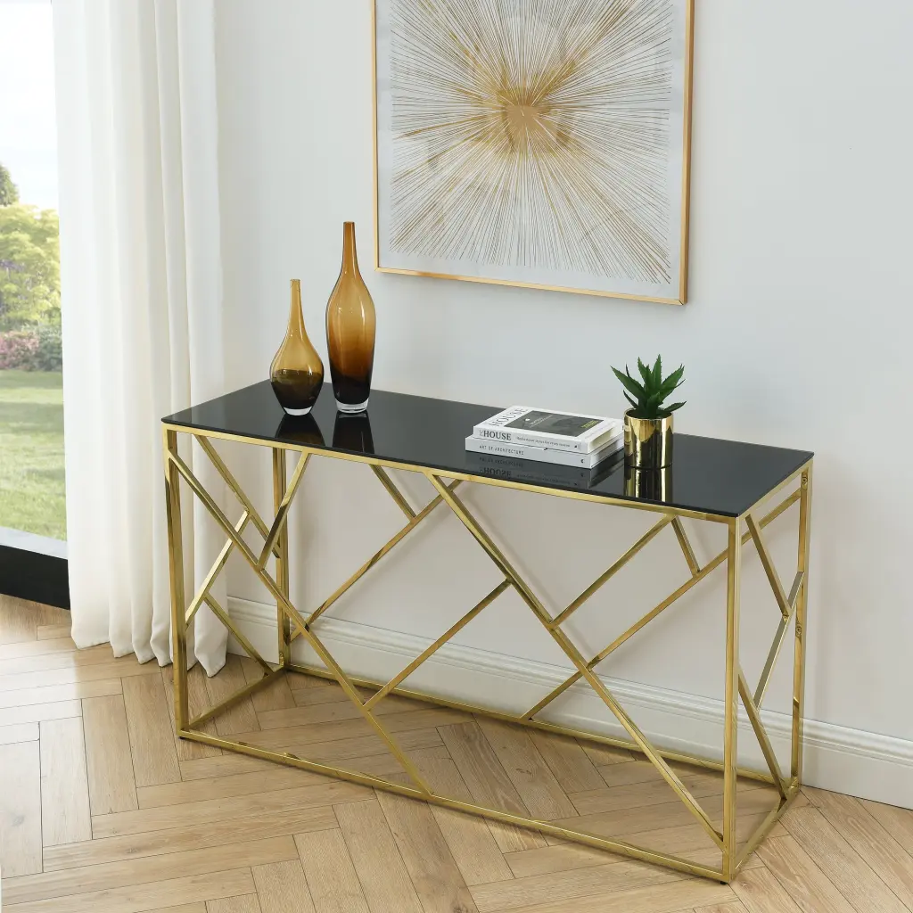 Modern Glass Console Table 55 Inch Gold Sofa Table Robust Metal Frame rnb