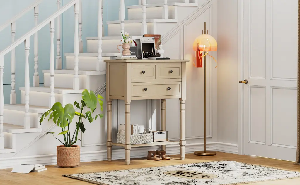 Narrow Console Table Slim Sofa Table Three Storage Drawers and Baskets rnb