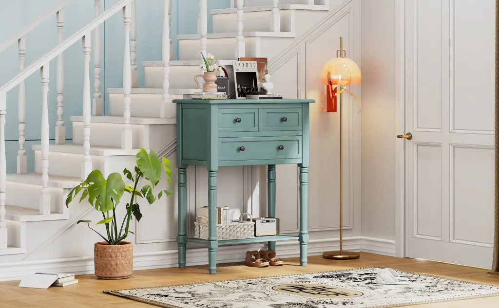 Narrow Console Table Slim Sofa Table Three Storage Drawers and Bottom Shelf rnb
