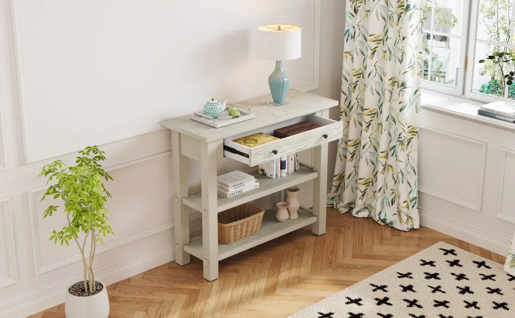 Retro Console Table Drawer and Two Robust Shelves Entryway Living Room rnb