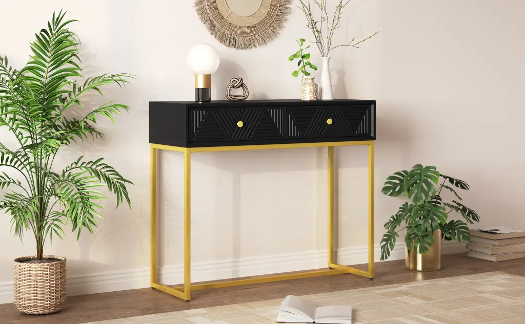 Modern Polished Console Table Two Drawers and Stripe Design Living Room trexm