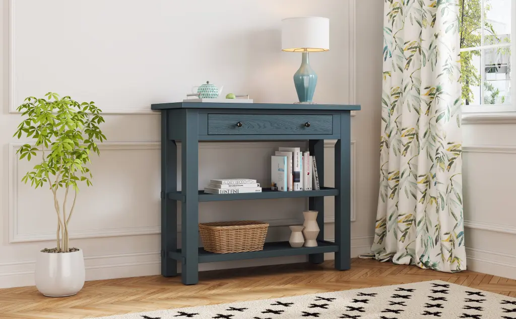 Retro Console Table Drawer And Two Robust Shelves Entryway Living Room Vintage Furniture trexm
